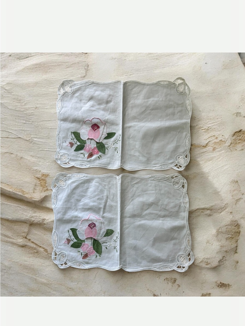 Vintage Hand- Embroidered Floral Linen Placemats - Set of 2